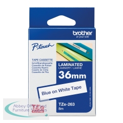 Brother P-Touch TZe Laminated Tape Cassette 36mm x 8m Blue on White Tape TZE263