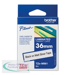 Brother P-Touch TZe Lam Tape Cassette 36mm x 8m Black on Matte Silver TZEM961