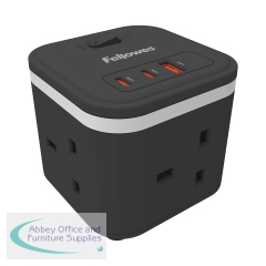Fellowes Power Cube Type G UK/IE 3 Sockets 1 USB-A + 2 USB-C Ports Black 100136979