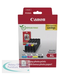 Canon CLI-551XL Ink Cartridges High Yield CMYK + 4 x 6 in Photo Paper Value Pack 6443B008