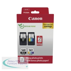 Canon PG-560/CL-561 Ink Cartridge K/CMY + 4 x 6 in Photo Paper Value Pack 3713C008