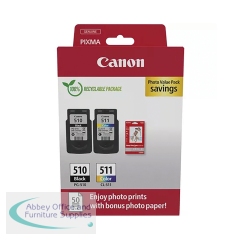 Canon PG-510/CL-511 Ink Cartridges K/CMY + 4 x 6 in Photo Paper Value Pack 2970B017