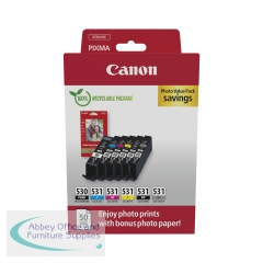 Canon PGI-530/CLI-531 Ink Cartridges PGBK/CMYK/GY + 4 x 6 in Photo Paper Value Pack 6117C004
