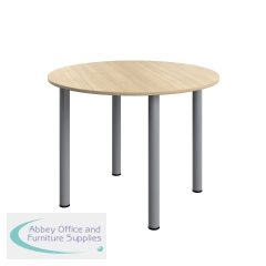 Serrion Pole Leg Round Meeting Table 1000x1000x730mm Oak/Silver KF800369
