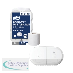 Tork T9 SmartOne 2-Ply Mini Toilet Roll 620 Sheets White (Pack of 12) + FOC Dispenser