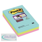 Post-It Super Sticky Notes Miami Ruled 90 Sheets 101x152mm Aqua Neon Green Pink Ref 4690-SS3MIA [Pack 3]