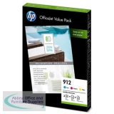 Hewlett Packard 912 InkJet Office Value Pack Cyan/Magenta/Yellow with A4 Paper Ref 6JR41AE [Pack 3]