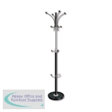 5 Star Facilities Coat Stand with Umbrella Holder 5 Pegs 3 Hooks Base 380mm Height 1800mm Black/Chrome