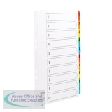 Concord Commercial Index 1-10 Multipunched Mylar-reinforced Multicolour-Tabs 160gsm A4 White Ref 08901